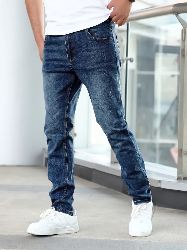 Men'S Jeans, Stretch Denim, Slim Fit, Multi-Process, Slimming Blue Men'S Trousers, Suitable for All Seasons, Autumn Essentials