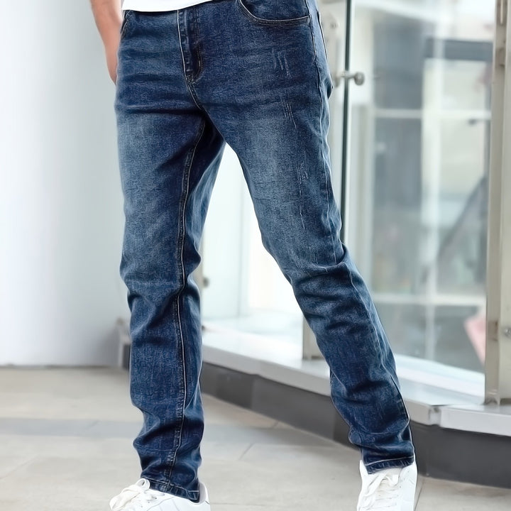 Men'S Jeans, Stretch Denim, Slim Fit, Multi-Process, Slimming Blue Men'S Trousers, Suitable for All Seasons, Autumn Essentials