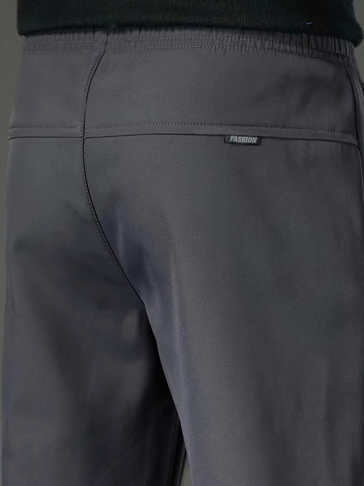 Men's Fall/Winter Fleece-Lined Windproof Warm Solid Color Casual Pants, Fashionable Drawstring Waistband Sports Trousers, 100% Polyester Non-Stretch Cropped Length, Regular Fit for Adults