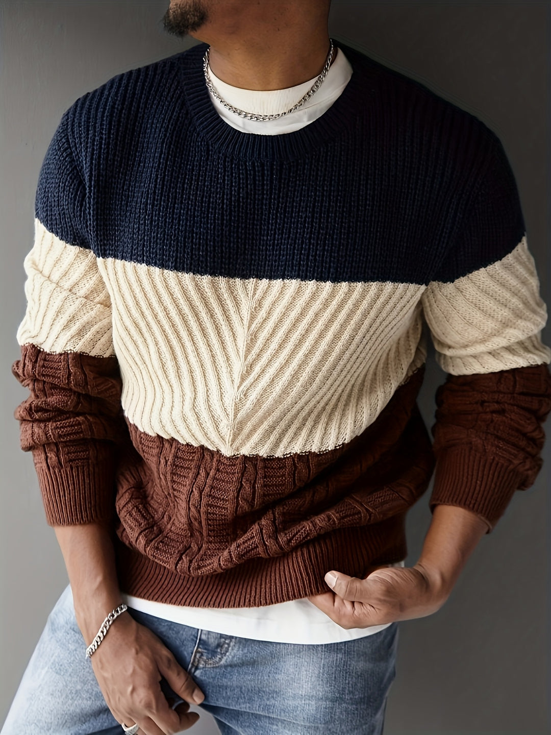 Men's Autumn/Winter Trendy Outfit, Fashionable Casual Color-Block Knit Pullover, Multi-Color and Multi-Texture Crew Neck Long-Sleeve Knit Sweater