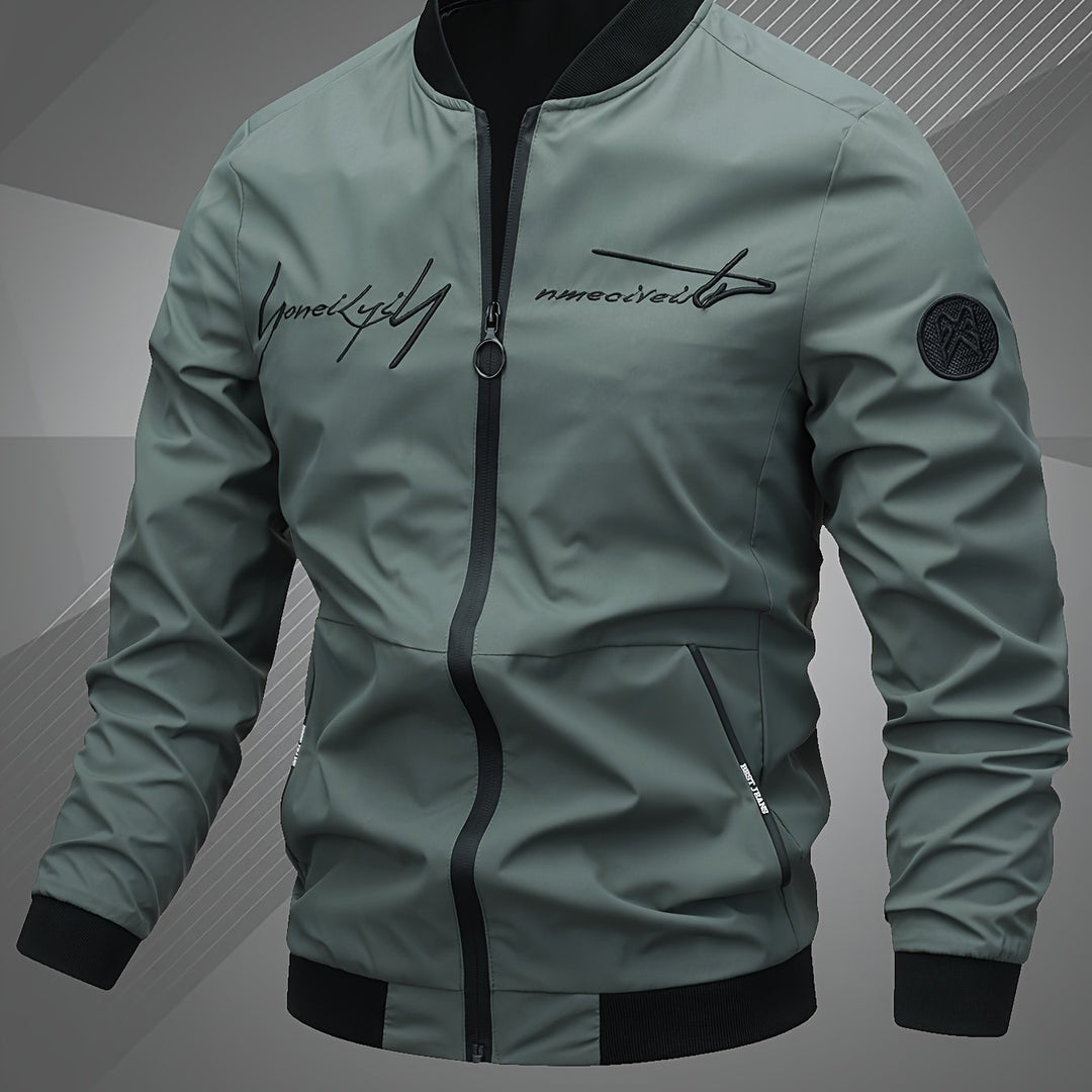 Men'S Letter Embroidered Jacket, Casual Outerwear, Spring, Autumn, Winter Fashion Coat, Suitable for Daily, Home, Outdoor, And Work Occasions
