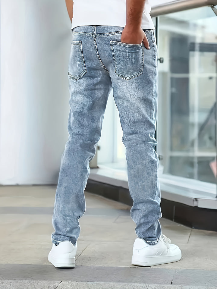 Men'S Jeans, Stretch Denim, Slim Fit, Multi-Process, Slimming Blue Men'S Trousers, Suitable for All Seasons, Autumn Essentials