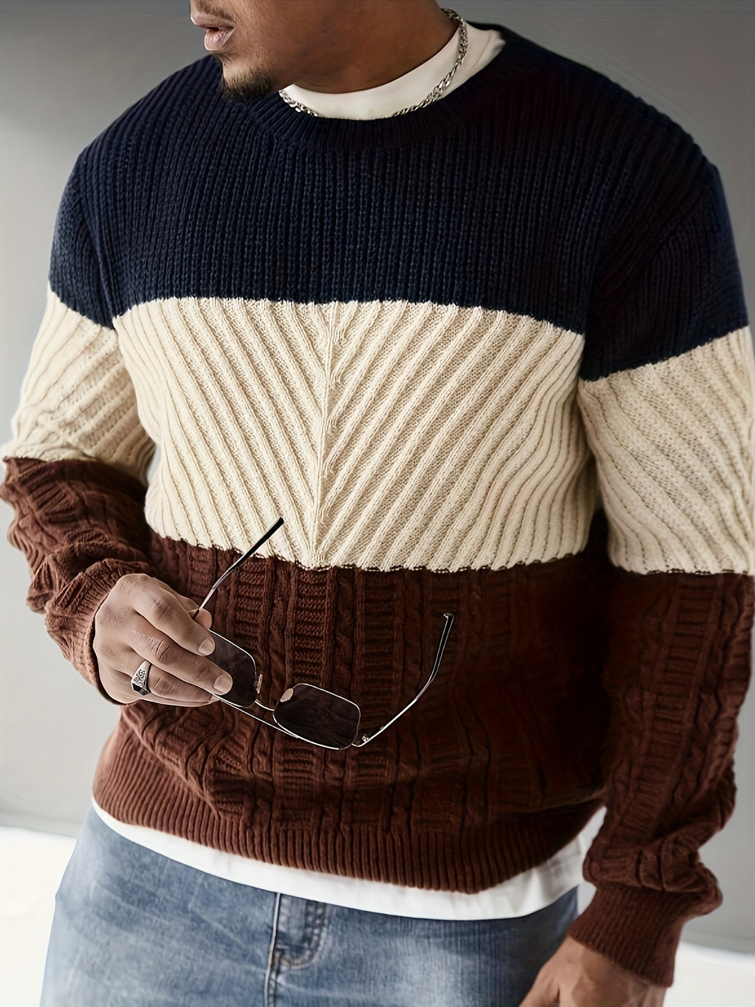 Men's Autumn/Winter Trendy Outfit, Fashionable Casual Color-Block Knit Pullover, Multi-Color and Multi-Texture Crew Neck Long-Sleeve Knit Sweater