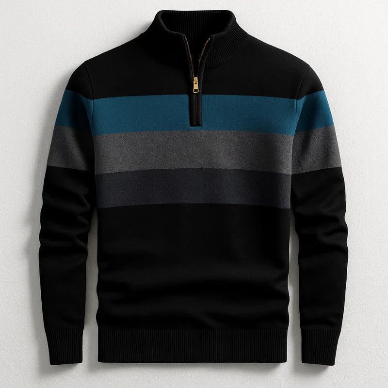Men’s Half Zip Jumper with Stand Collar and Ribbed Hem