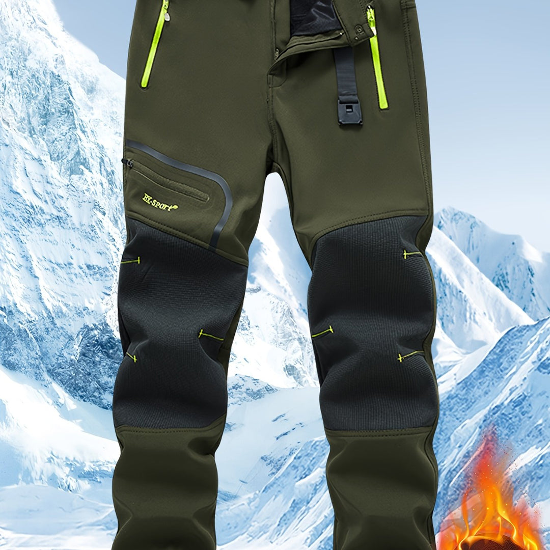 Men's Warm Windproof Cargo Pants with Belt & Zippered Pockets - Olive Green, Black & Yellow Accents, Perfect for Winter Outdoor Activities & Casual Wear, Winter Clothes, New Season