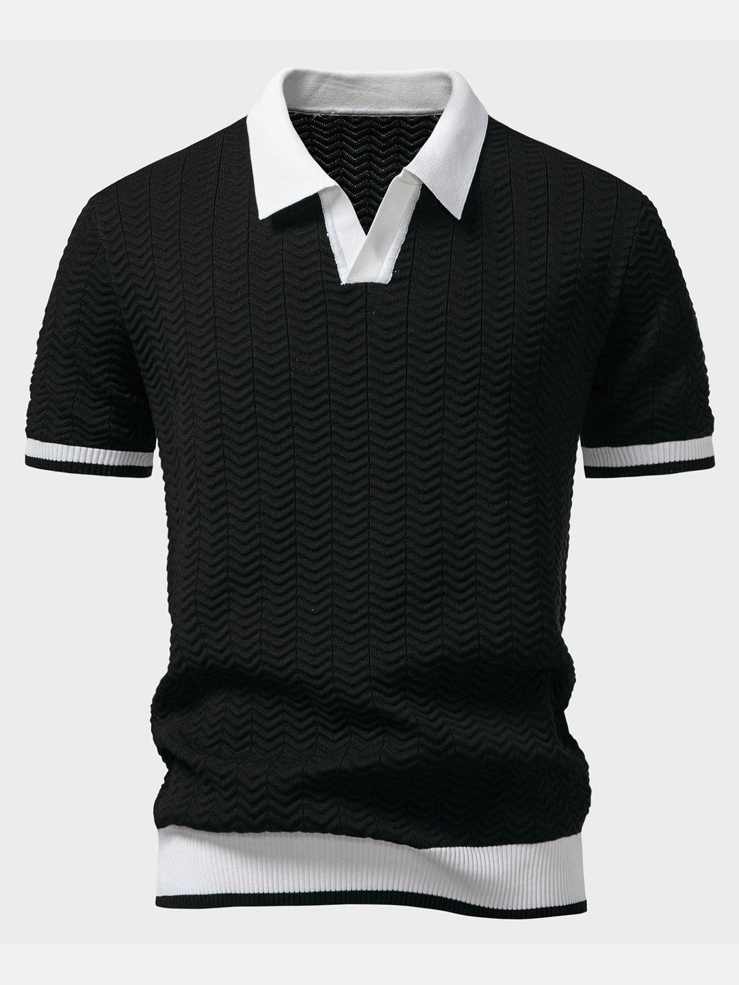 Men’s Textured Knit V-Neck Polo – Smart Casual Shirt