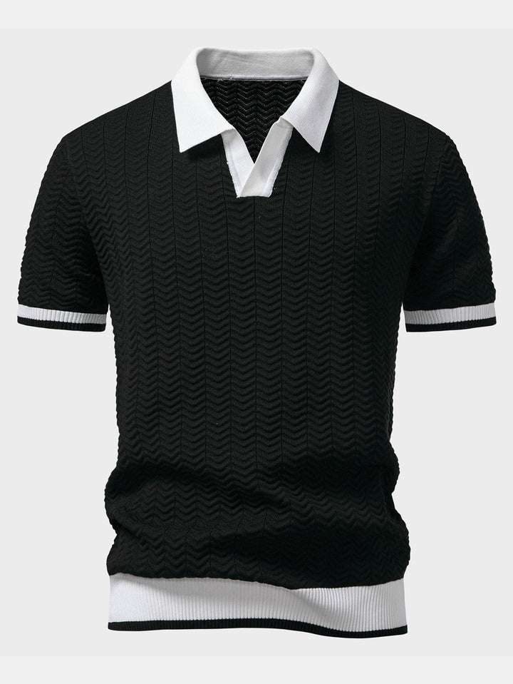 Men’s Textured Knit V-Neck Polo – Smart Casual Shirt