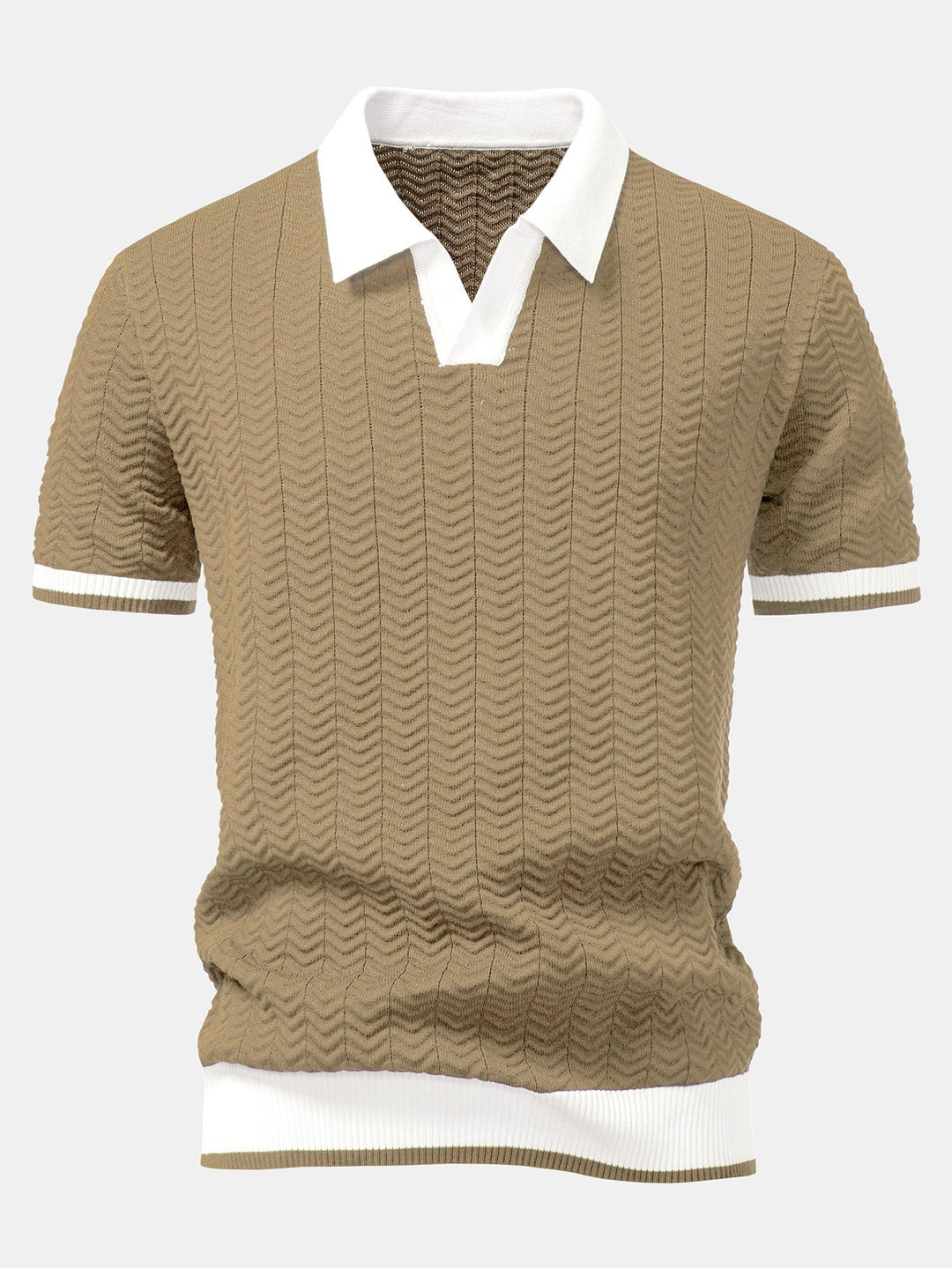 Men’s Textured Knit V-Neck Polo – Smart Casual Shirt