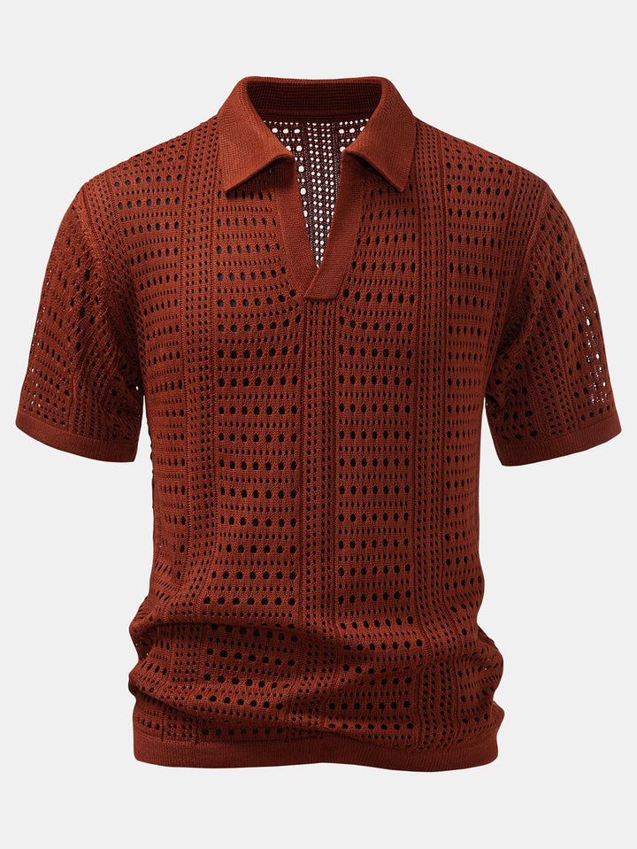 Men’s Crochet V-Neck Polo – Textured Knit Summer Shirt