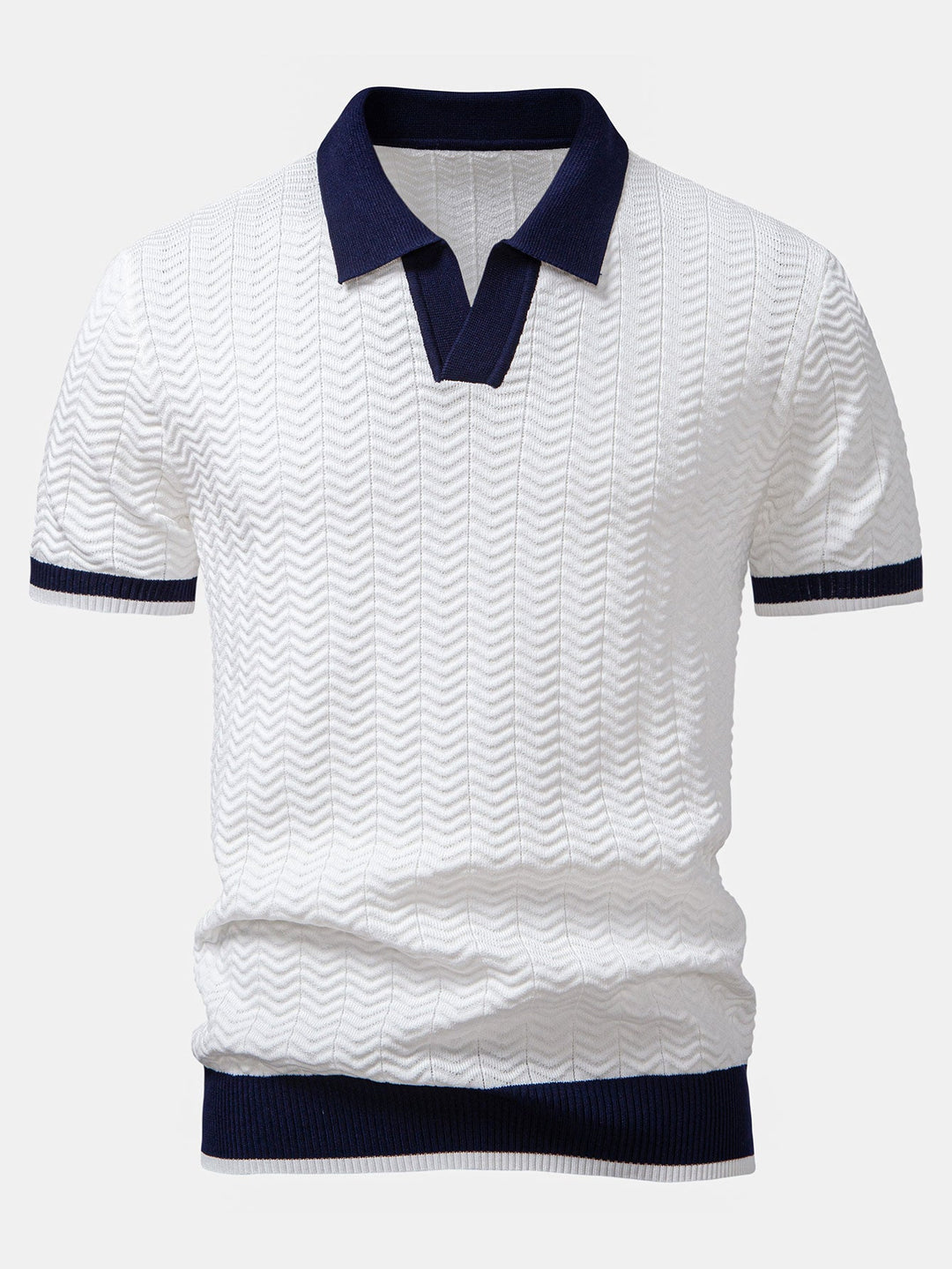 Men’s Textured Knit V-Neck Polo – Smart Casual Shirt