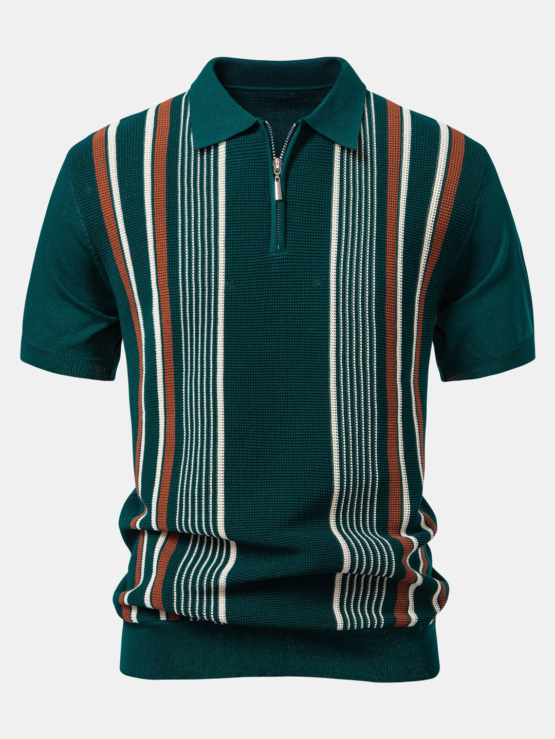 Men’s Stripe Knit Zip Polo – Smart Casual Short Sleeve Shirt