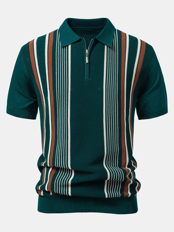 Men’s Stripe Knit Zip Polo – Smart Casual Short Sleeve Shirt