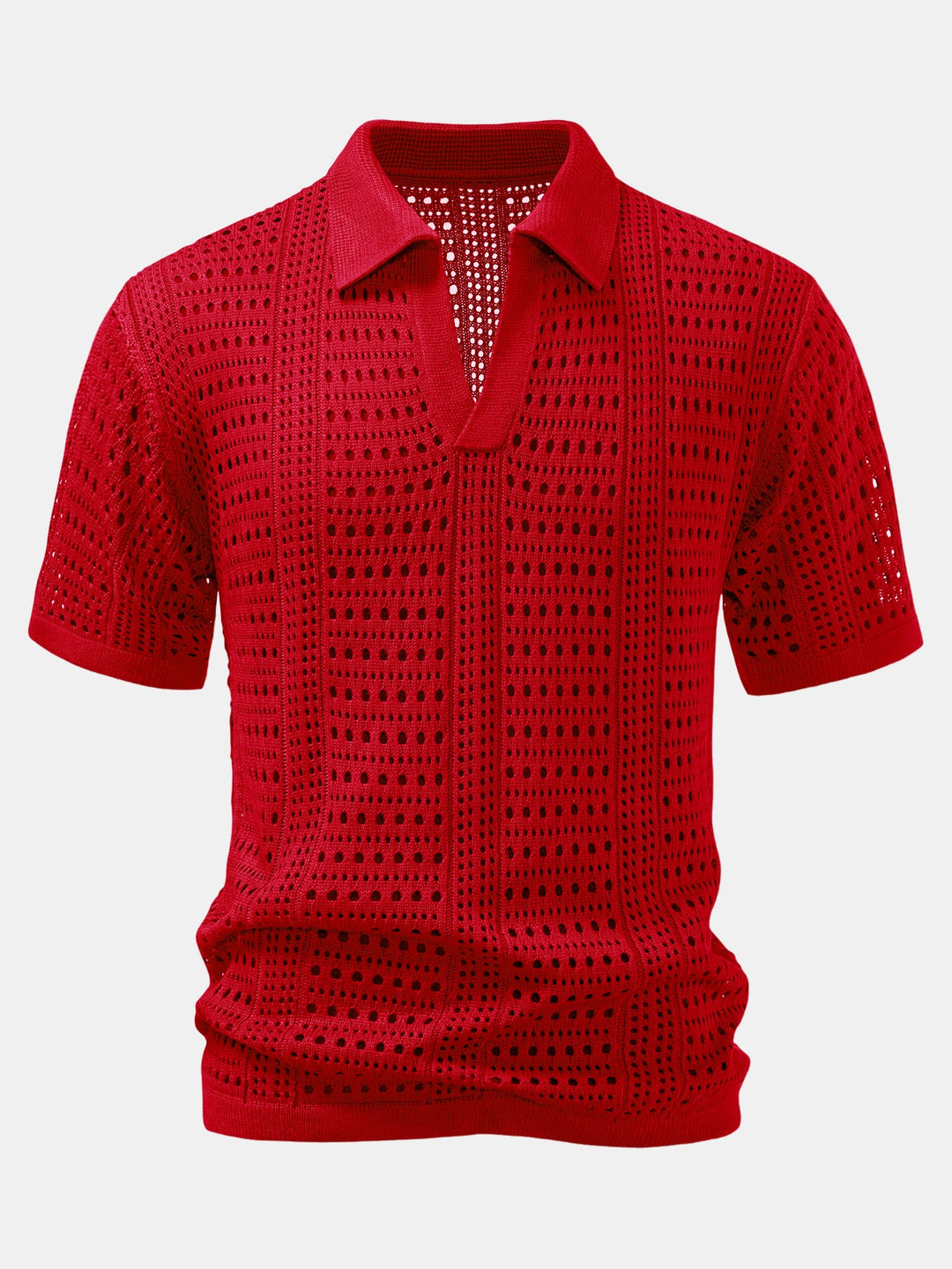 Men’s Crochet V-Neck Polo – Textured Knit Summer Shirt