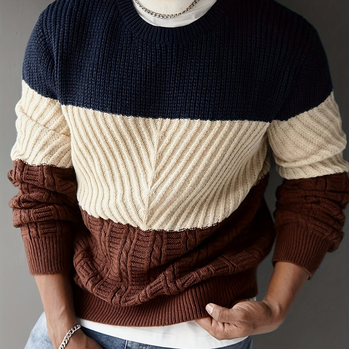 Men's Autumn/Winter Trendy Outfit, Fashionable Casual Color-Block Knit Pullover, Multi-Color and Multi-Texture Crew Neck Long-Sleeve Knit Sweater