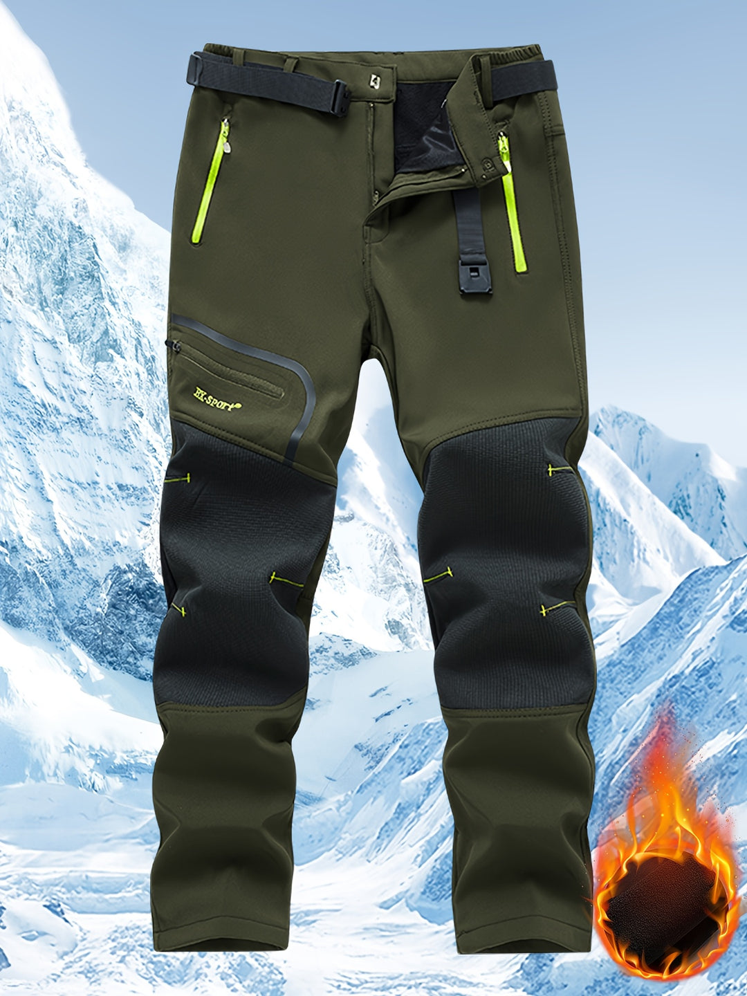 Men's Warm Windproof Cargo Pants with Belt & Zippered Pockets - Olive Green, Black & Yellow Accents, Perfect for Winter Outdoor Activities & Casual Wear, Winter Clothes, New Season