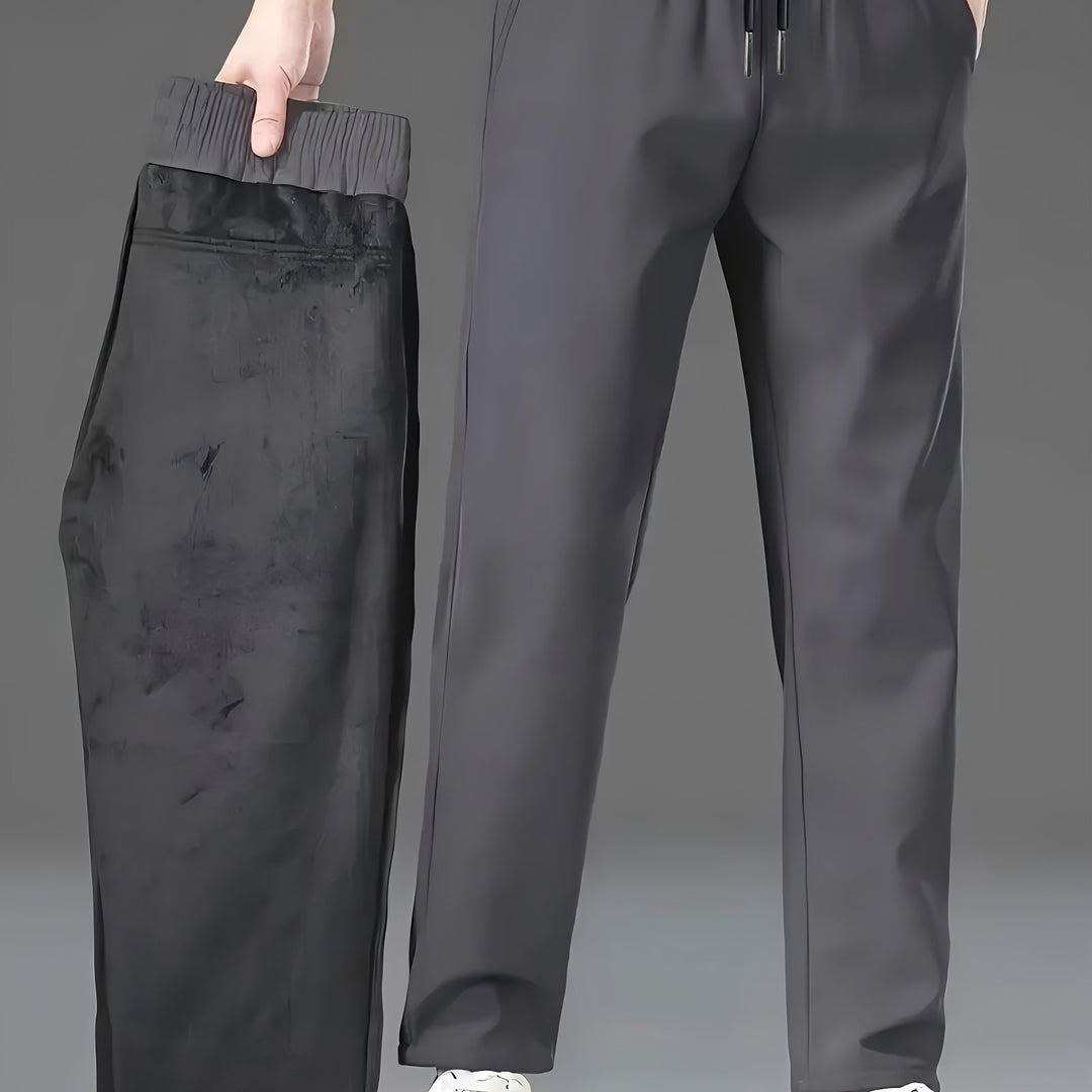 Men's Fall/Winter Fleece-Lined Windproof Warm Solid Color Casual Pants, Fashionable Drawstring Waistband Sports Trousers, 100% Polyester Non-Stretch Cropped Length, Regular Fit for Adults