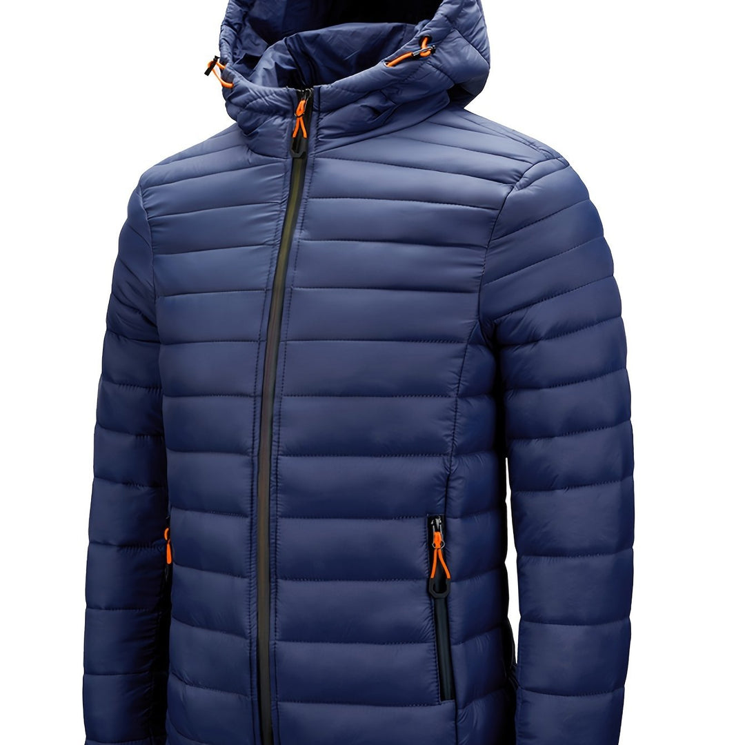 Men's Winter Padded, Hooded Padded Top, Warm Quilted Jacket with Colorful Zipper Pockets