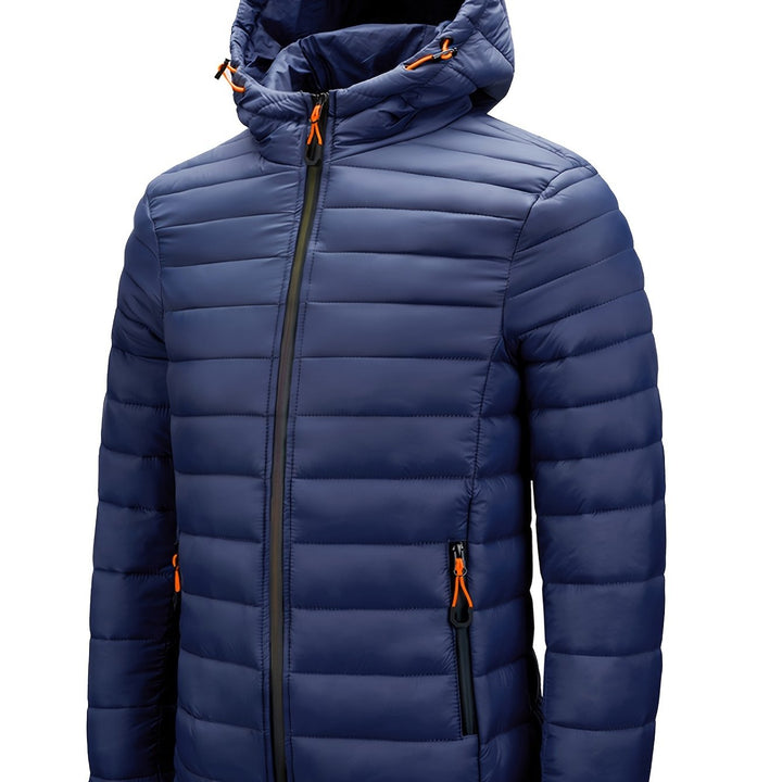 Men's Winter Padded, Hooded Padded Top, Warm Quilted Jacket with Colorful Zipper Pockets