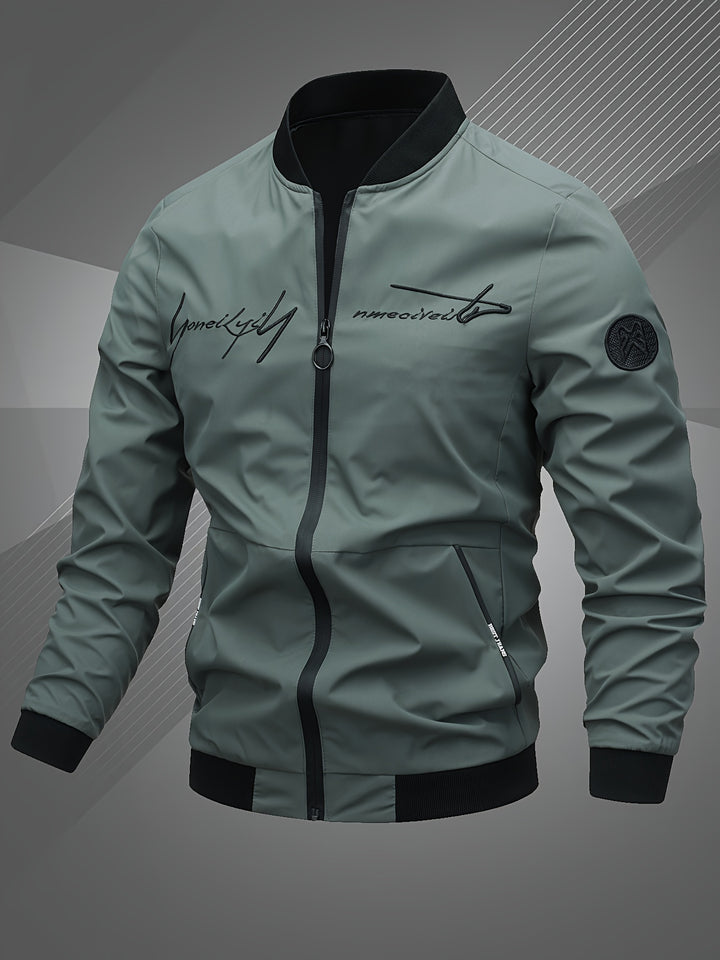 Men'S Letter Embroidered Jacket, Casual Outerwear, Spring, Autumn, Winter Fashion Coat, Suitable for Daily, Home, Outdoor, And Work Occasions
