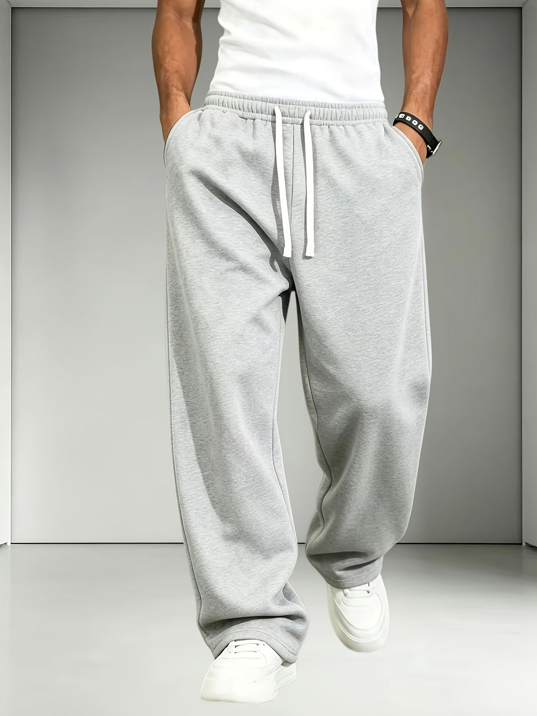 2pcs Men'S Elastic Waist Drawstring Sweatpants, Loose Straight-Leg Casual Trousers, Soft Knit Joggers for Daily Outdoor Wear