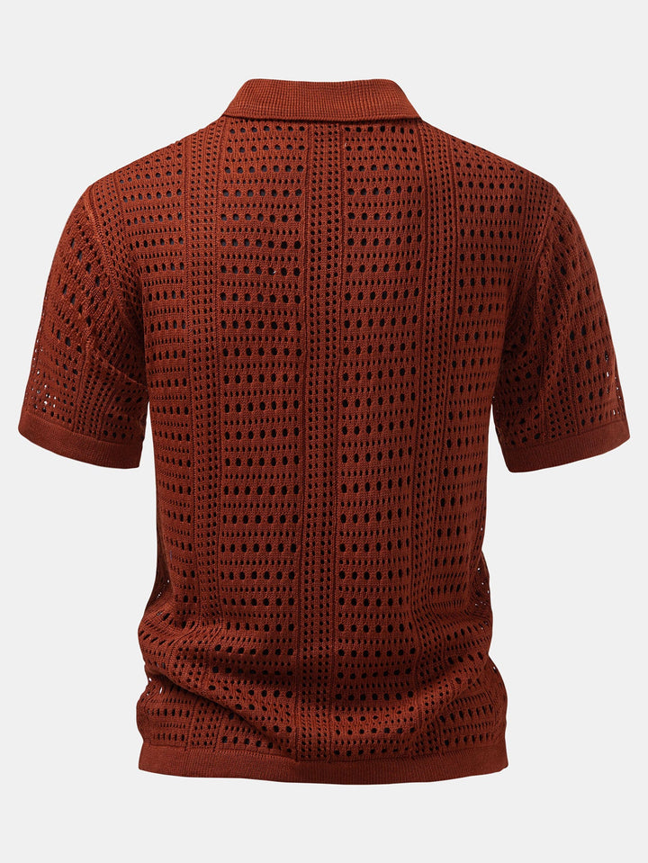 Men’s Crochet V-Neck Polo – Textured Knit Summer Shirt