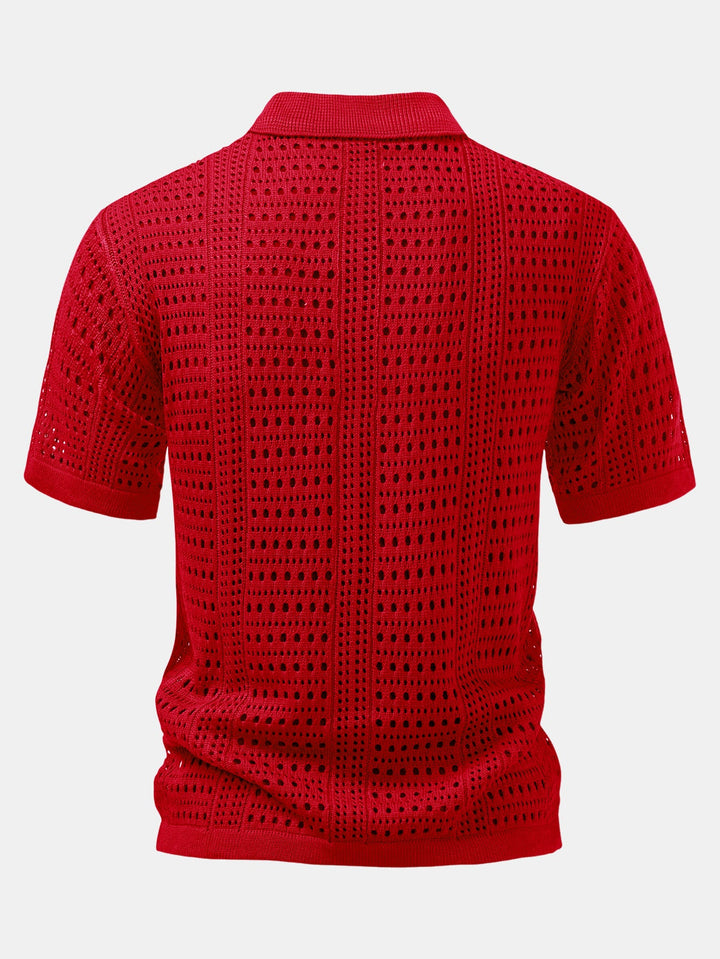 Men’s Crochet V-Neck Polo – Textured Knit Summer Shirt