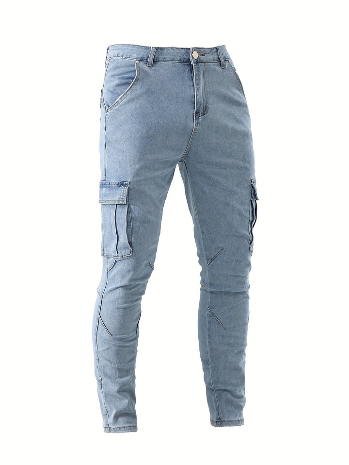 Men's Jeans, Solid Color Multi-Denim Washable, Mid-Rise Cargo Jeans, Fashion Casual Trousers