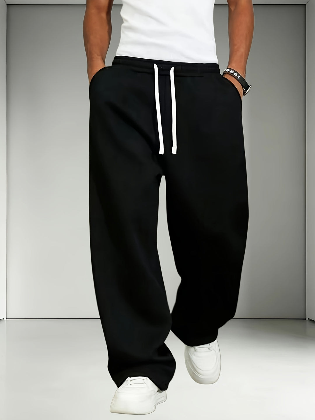2pcs Men'S Elastic Waist Drawstring Sweatpants, Loose Straight-Leg Casual Trousers, Soft Knit Joggers for Daily Outdoor Wear