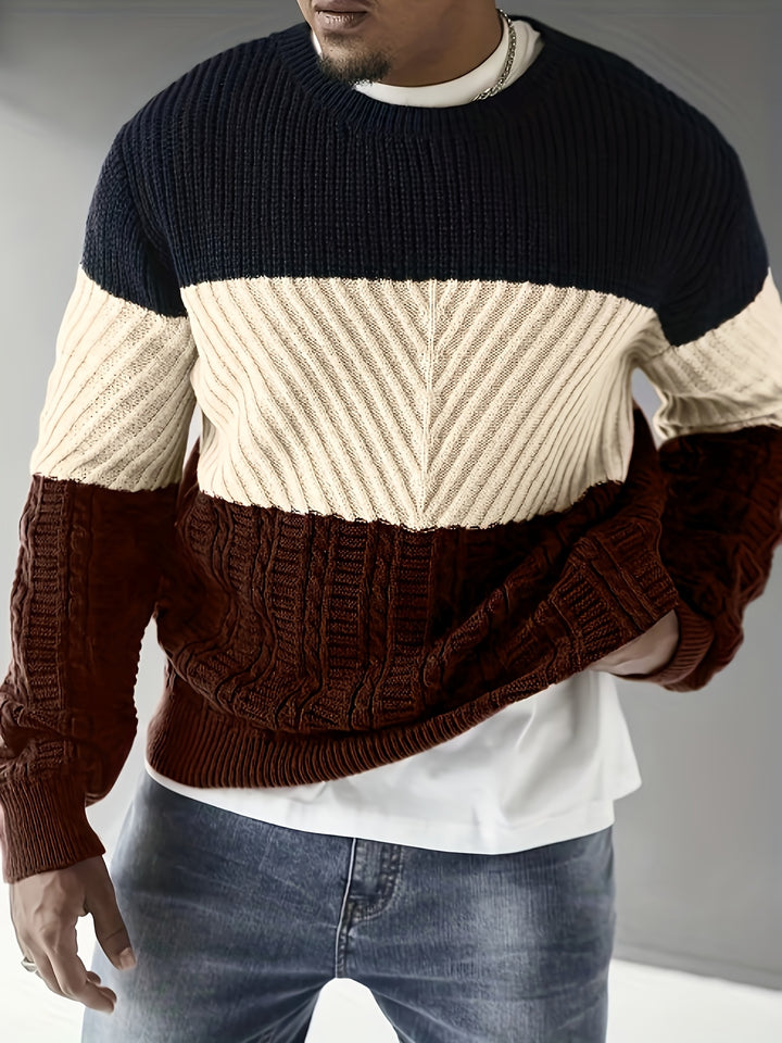 Men's Autumn/Winter Trendy Outfit, Fashionable Casual Color-Block Knit Pullover, Multi-Color and Multi-Texture Crew Neck Long-Sleeve Knit Sweater