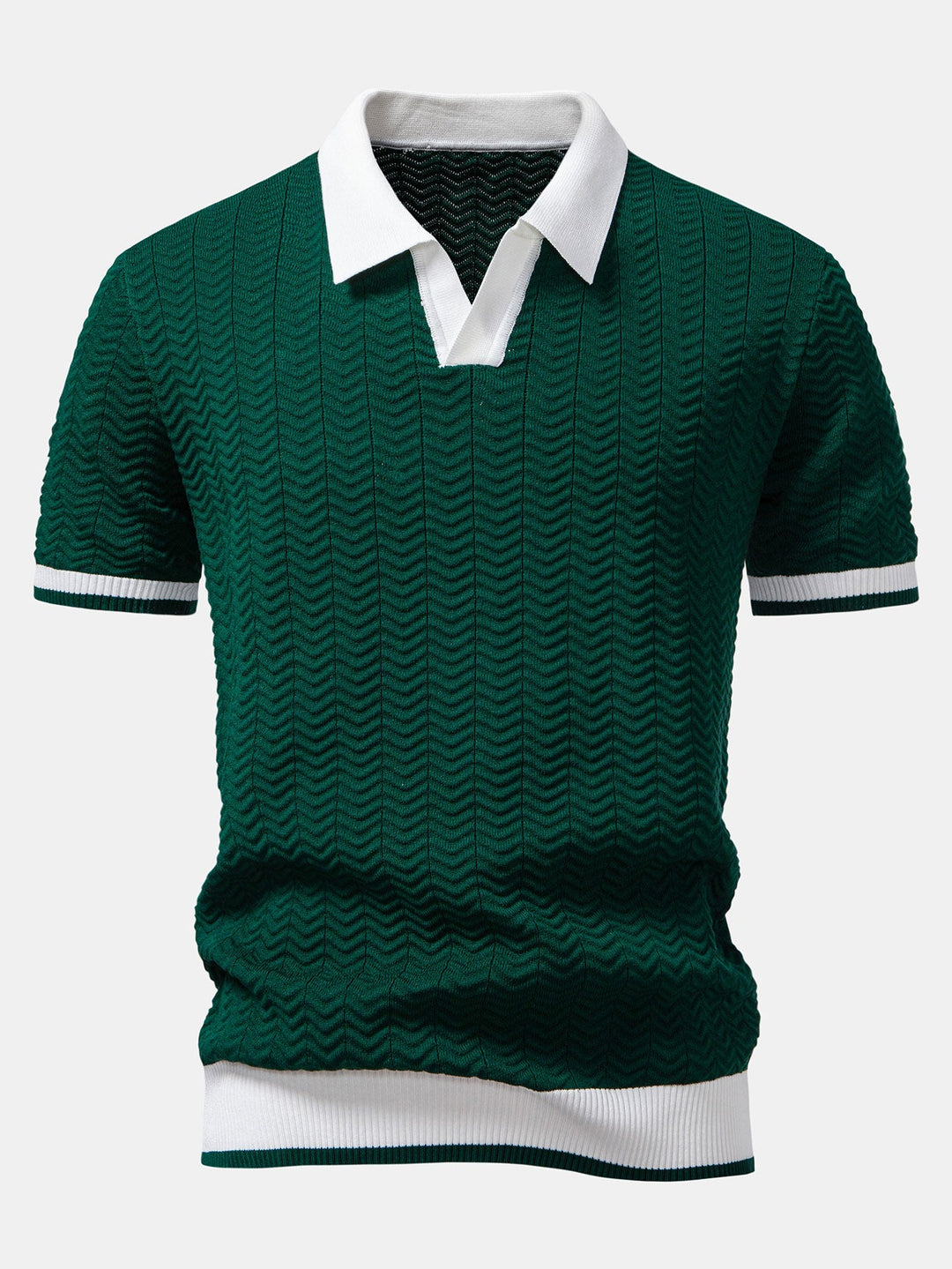 Men’s Textured Knit V-Neck Polo – Smart Casual Shirt