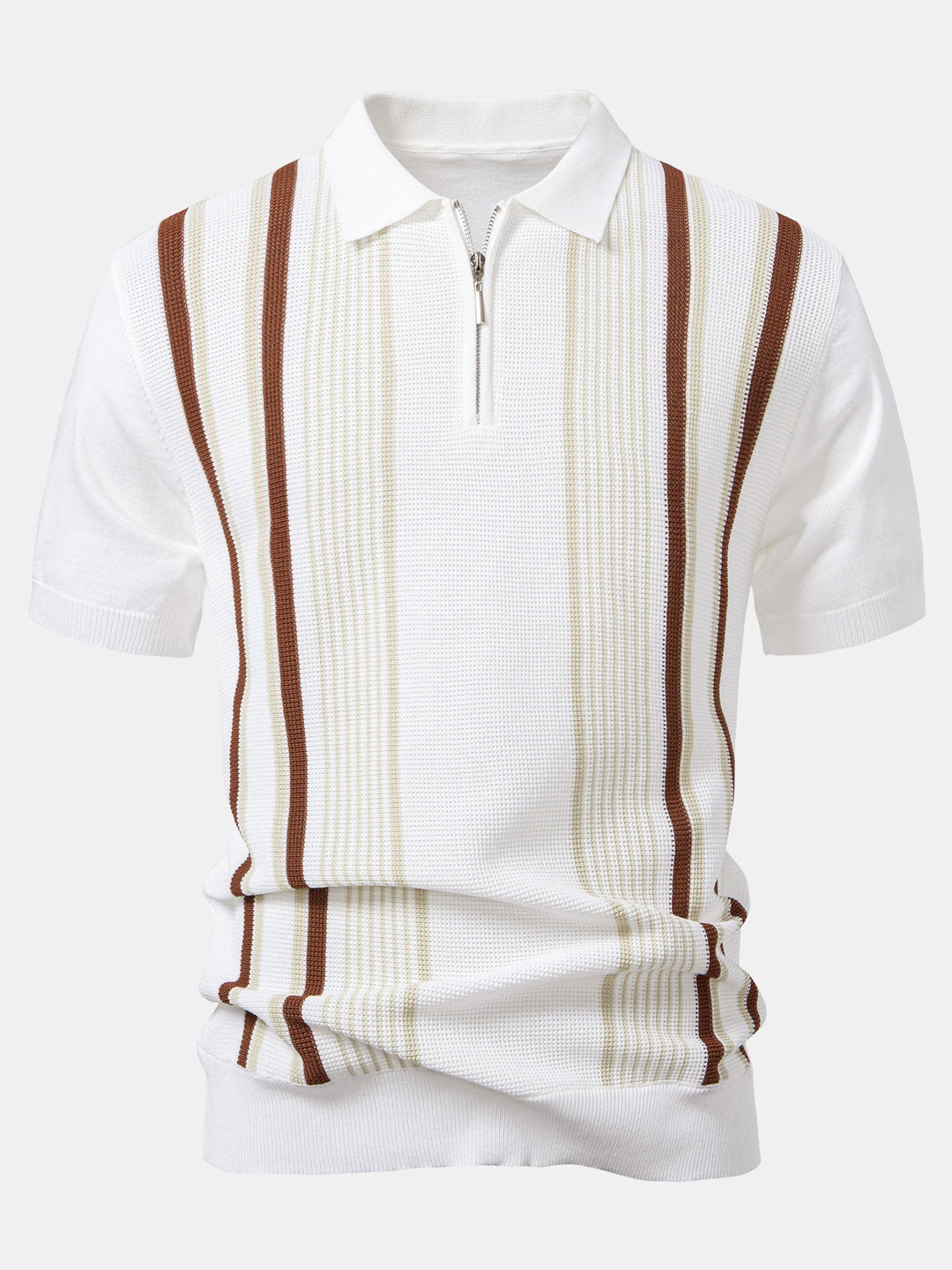 Men’s Stripe Knit Zip Polo – Smart Casual Short Sleeve Shirt
