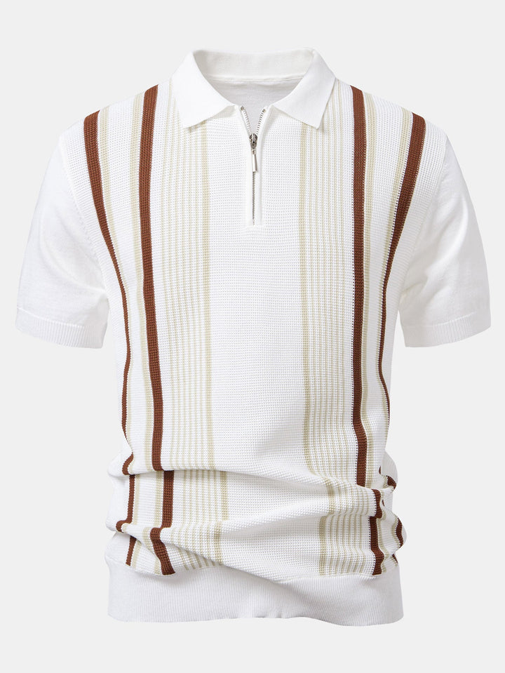 Men’s Stripe Knit Zip Polo – Smart Casual Short Sleeve Shirt