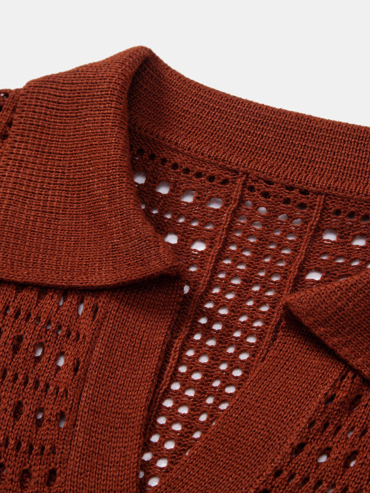 Men’s Crochet V-Neck Polo – Textured Knit Summer Shirt