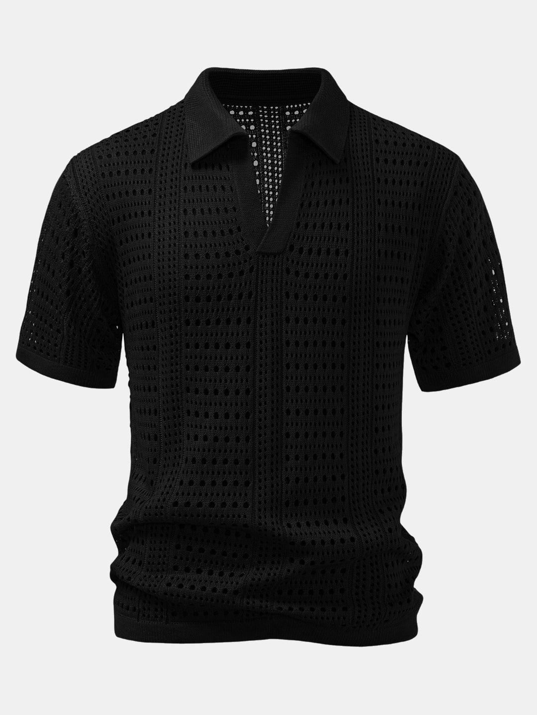 Men’s Crochet V-Neck Polo – Textured Knit Summer Shirt