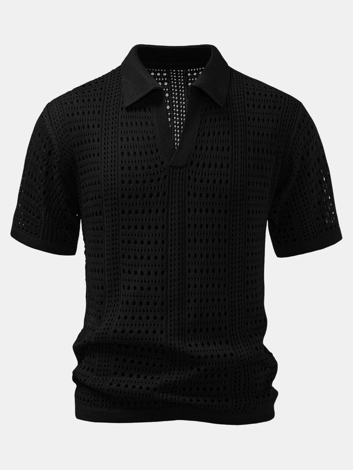 Men’s Crochet V-Neck Polo – Textured Knit Summer Shirt