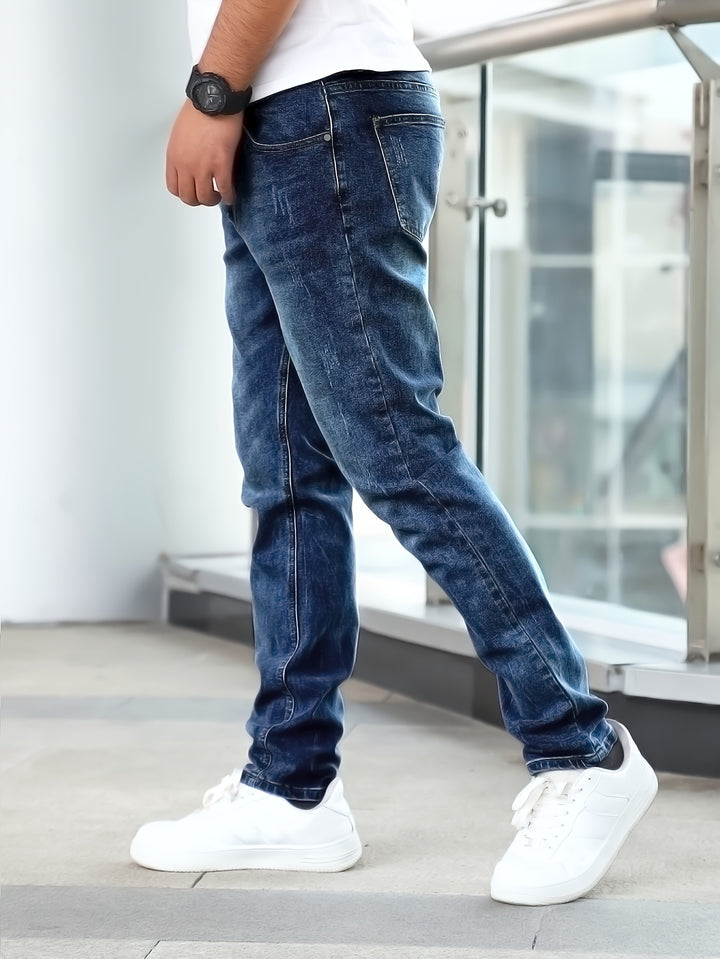 Men'S Jeans, Stretch Denim, Slim Fit, Multi-Process, Slimming Blue Men'S Trousers, Suitable for All Seasons, Autumn Essentials