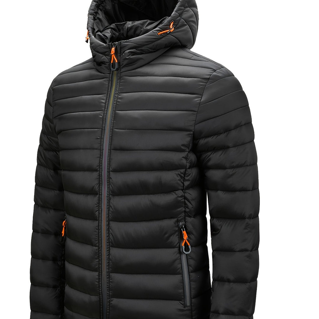 Men's Winter Padded, Hooded Padded Top, Warm Quilted Jacket with Colorful Zipper Pockets