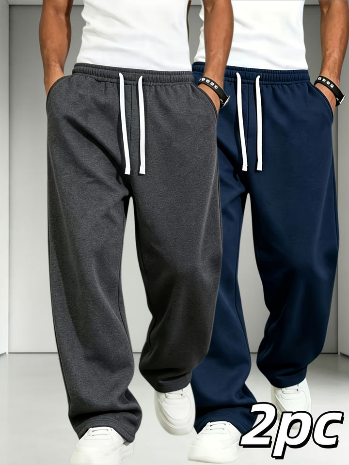 2pcs Men'S Elastic Waist Drawstring Sweatpants, Loose Straight-Leg Casual Trousers, Soft Knit Joggers for Daily Outdoor Wear