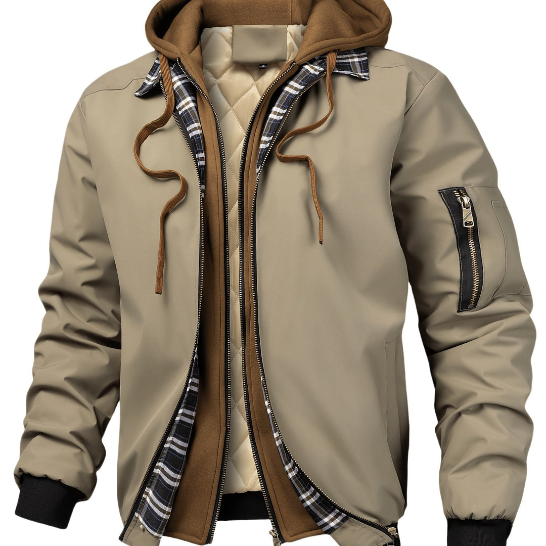 Men's Jacket, Spring Autumn Outerwear, Plaid Hooded Cardigan, Sports Casual Preppy Fashion