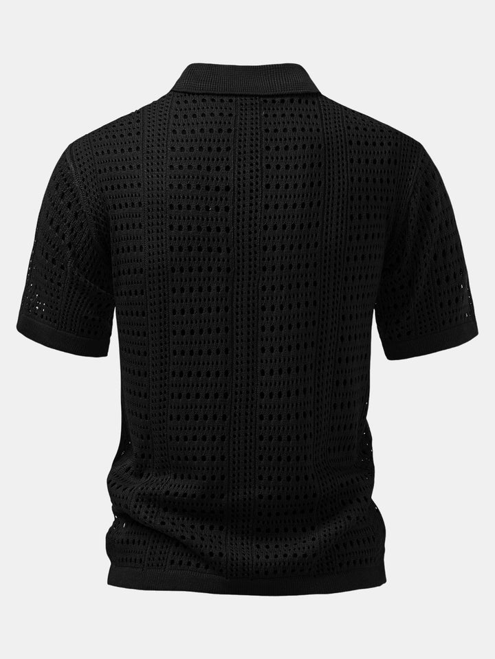 Men’s Crochet V-Neck Polo – Textured Knit Summer Shirt
