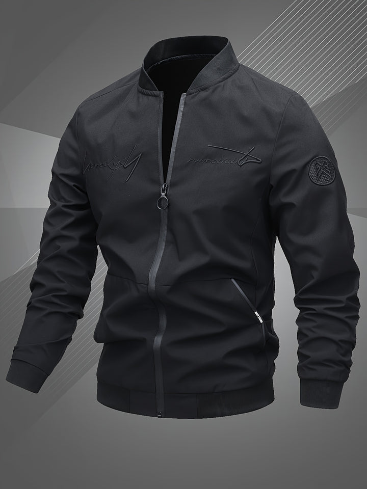 Men'S Letter Embroidered Jacket, Casual Outerwear, Spring, Autumn, Winter Fashion Coat, Suitable for Daily, Home, Outdoor, And Work Occasions
