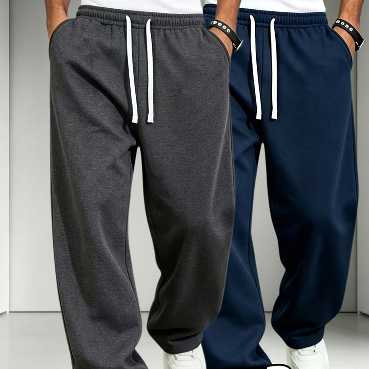 2pcs Men'S Elastic Waist Drawstring Sweatpants, Loose Straight-Leg Casual Trousers, Soft Knit Joggers for Daily Outdoor Wear