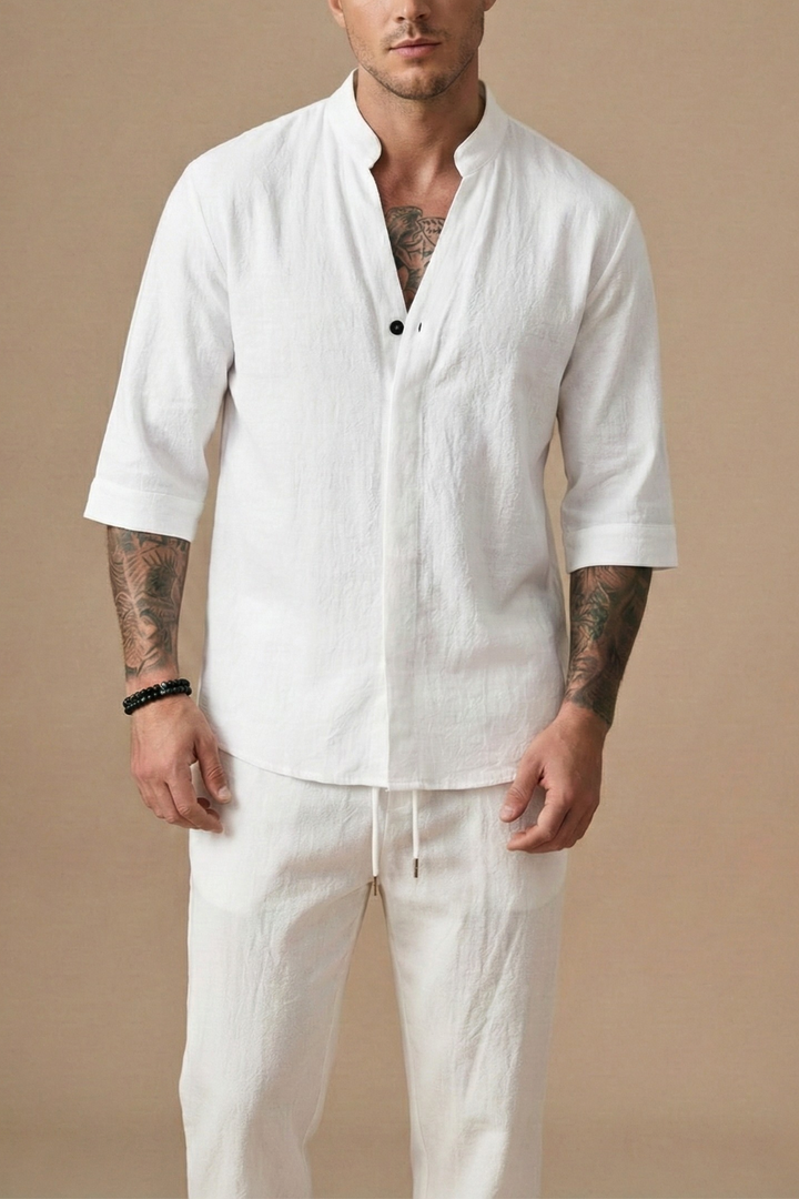 Men’s Linen Blend Two-Piece Set – V-Neck Shirt & Drawstring Trousers