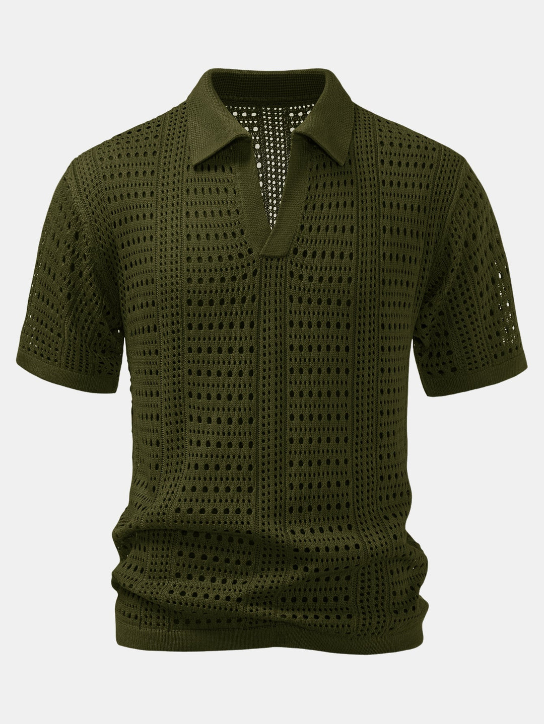 Men’s Crochet V-Neck Polo – Textured Knit Summer Shirt