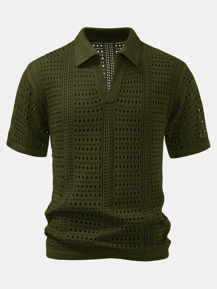 Men’s Crochet V-Neck Polo – Textured Knit Summer Shirt