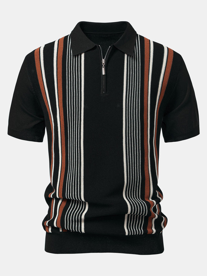 Men’s Stripe Knit Zip Polo – Smart Casual Short Sleeve Shirt