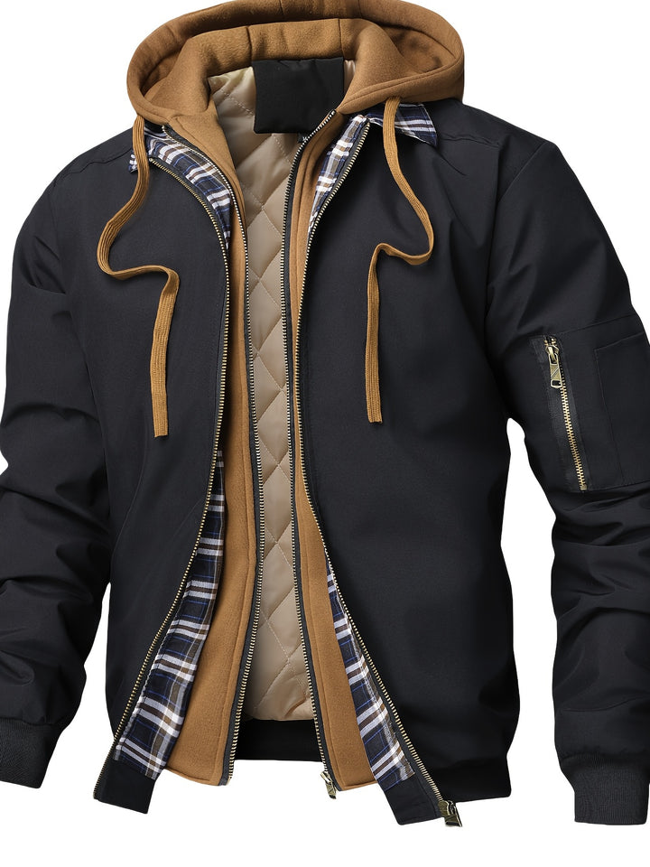Men's Jacket, Spring Autumn Outerwear, Plaid Hooded Cardigan, Sports Casual Preppy Fashion
