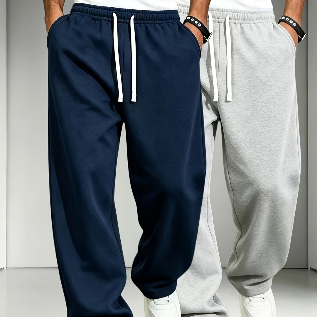2pcs Men'S Elastic Waist Drawstring Sweatpants, Loose Straight-Leg Casual Trousers, Soft Knit Joggers for Daily Outdoor Wear