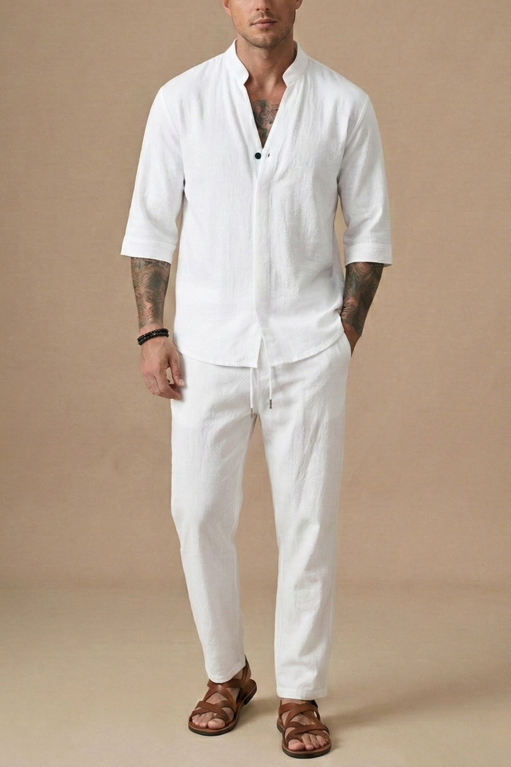 Men’s Linen Blend Two-Piece Set – V-Neck Shirt & Drawstring Trousers