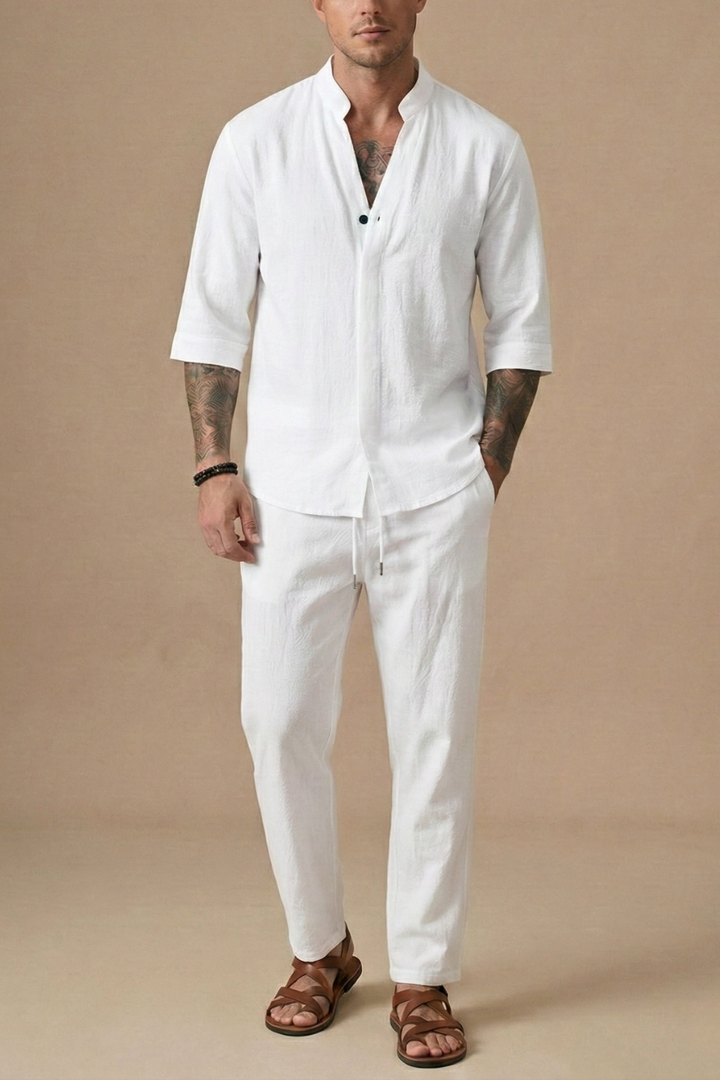 Men’s Linen Blend Two-Piece Set – V-Neck Shirt & Drawstring Trousers